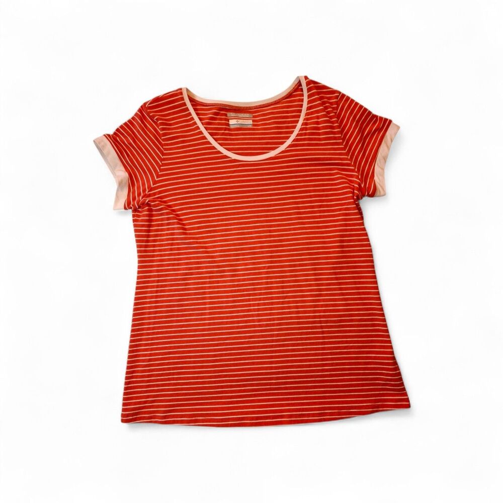 Columbia Womens Size L Red White Striped Short Sleeve Shirt